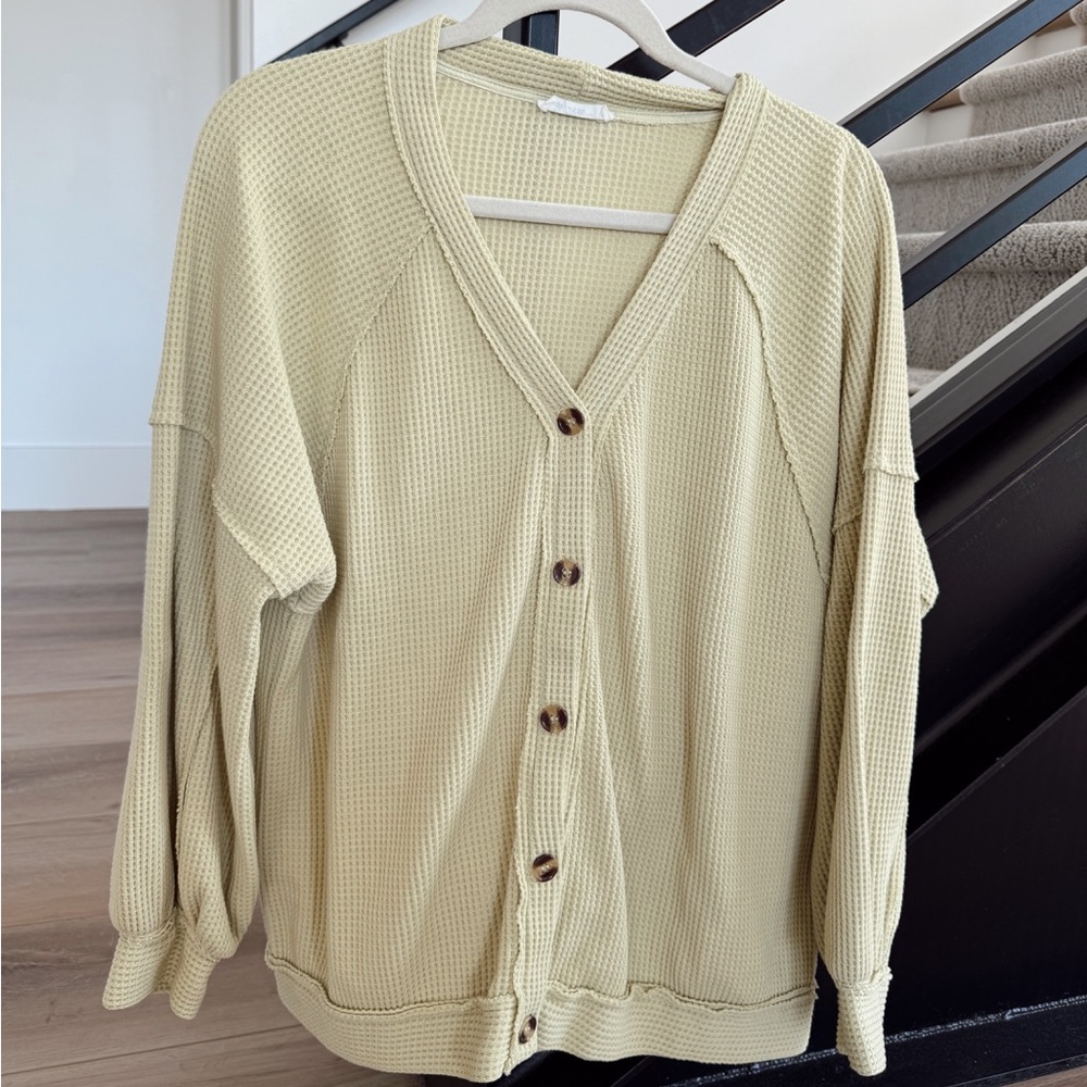 Light Sage Button-Up Waffle Knit Cardigan